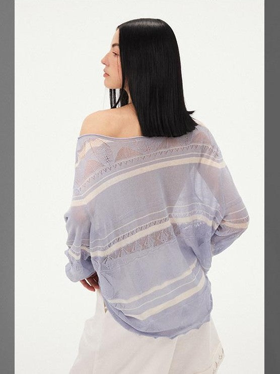 DIDDI MODA Blue Knitted Eyelet Faux Crochet Striped Round Neck Women&