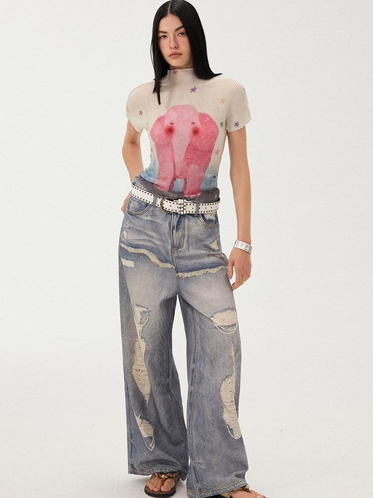 DIDDI MODA Blue Printed Distressed Faux Layered Women&