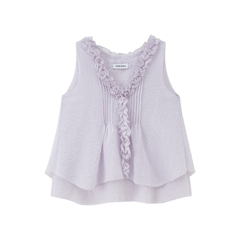 DIDDI_MODA_Blue_Striped_Lace_Ruffle_V-neck_Asymmetric_A_Line_Women&