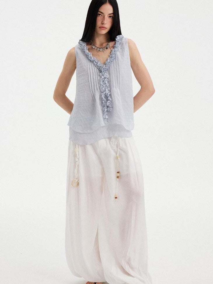 DIDDI MODA Blue Striped Lace Ruffle V-neck Asymmetric A Line Women&