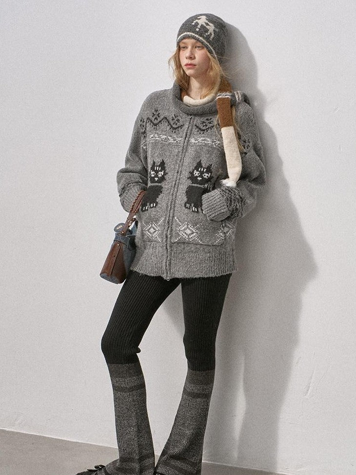 DIDDI MODA Boucle Cat Embroidered Zipper Slouchy Women&