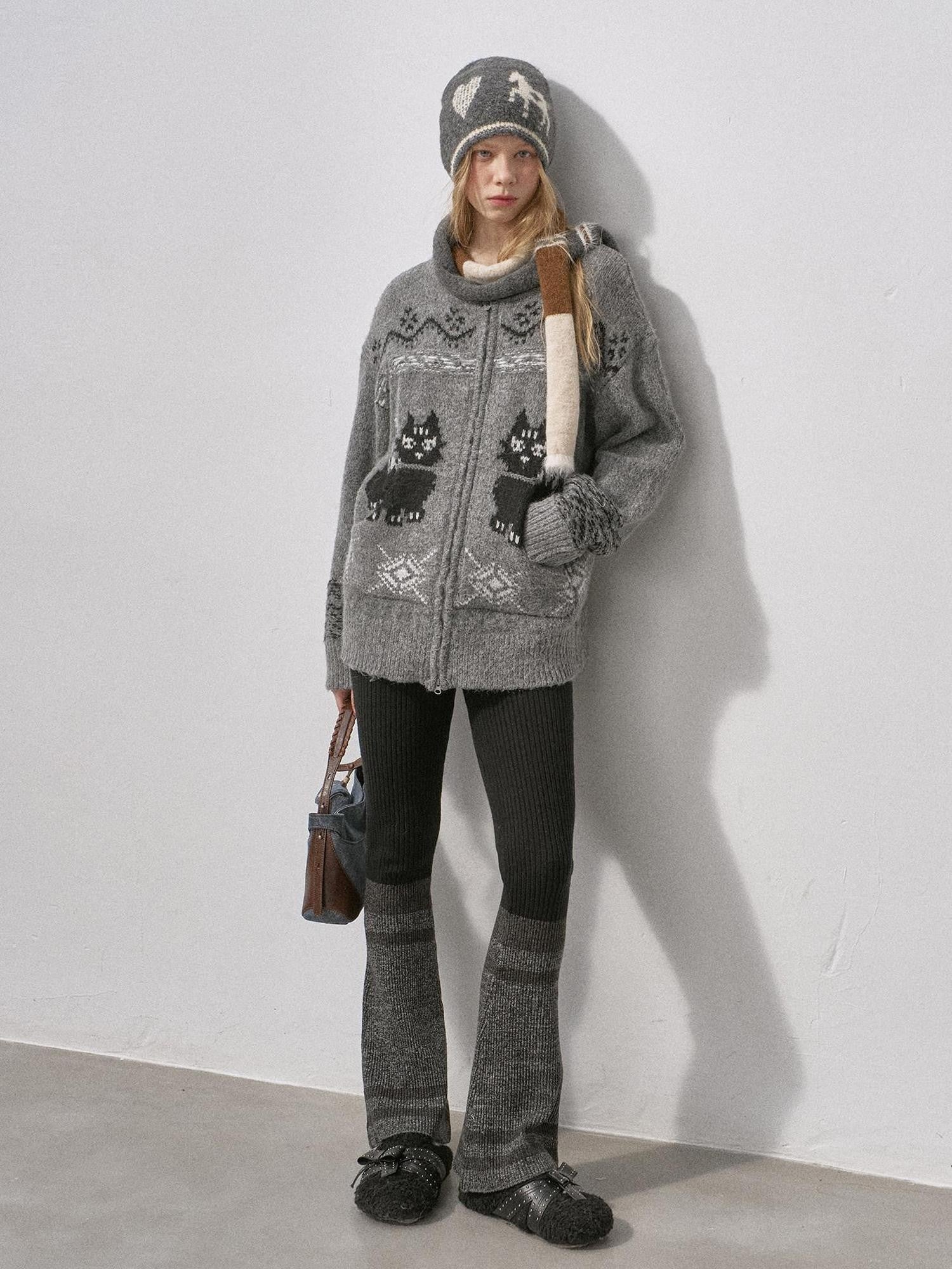 DIDDI MODA Boucle Cat Embroidered Zipper Slouchy Women&