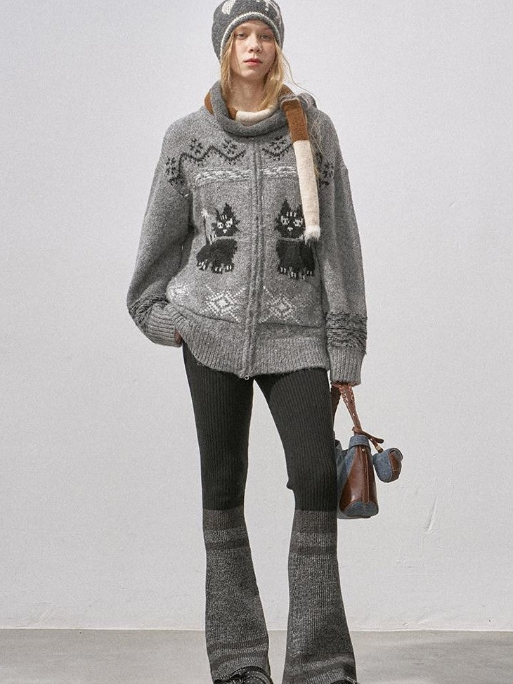 DIDDI MODA Boucle Cat Embroidered Zipper Slouchy Women&