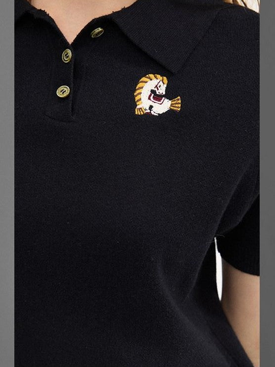 DIDDI MODA Braided Pony Embroidered Polo Collar Women&