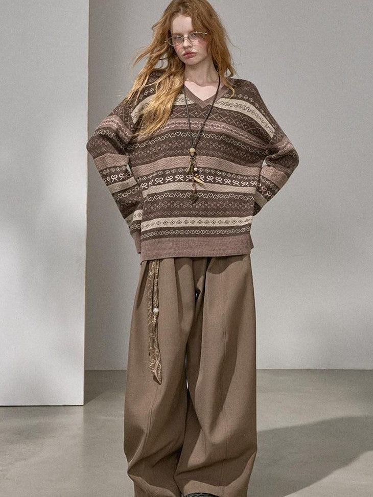 DIDDI MODA Brown Jacquard V-neck Loose Pullover Women&