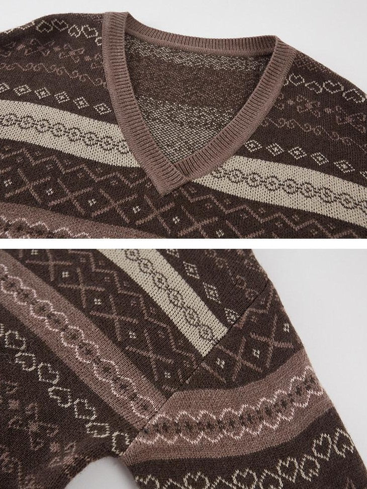 DIDDI MODA Brown Jacquard V-neck Loose Pullover Women&
