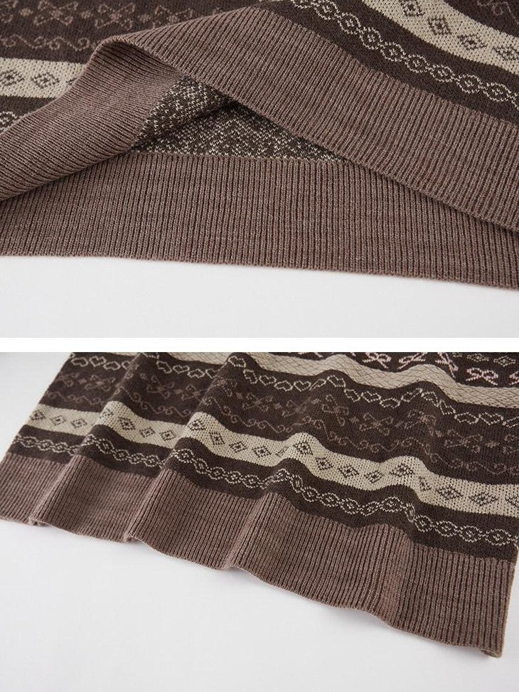 DIDDI MODA Brown Jacquard V-neck Loose Pullover Women&