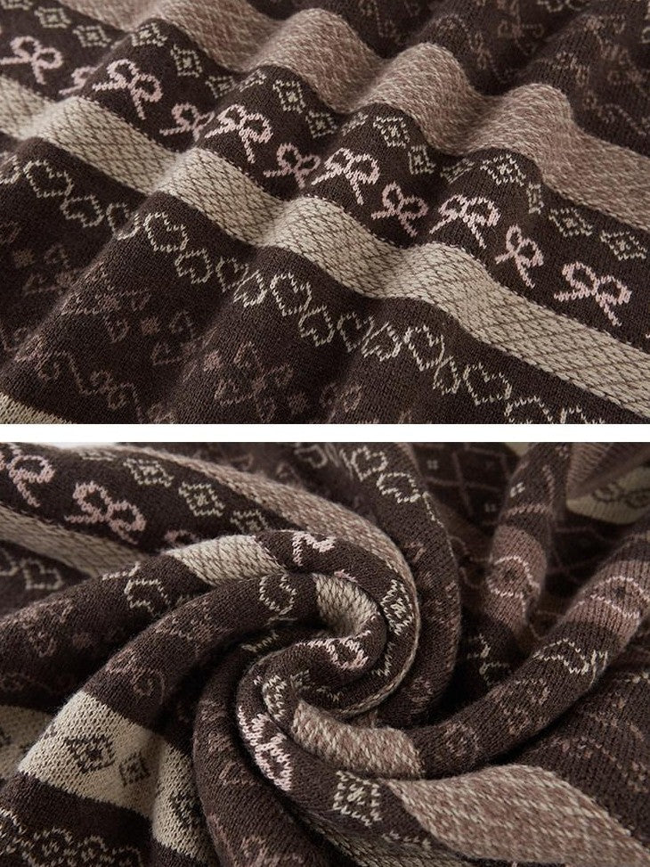 DIDDI MODA Brown Jacquard V-neck Loose Pullover Women&