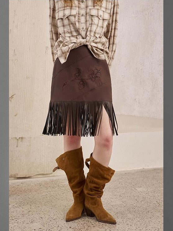 DIDDI MODA Brown Patch Embroidered Tassel Straight Mid Waist Women&
