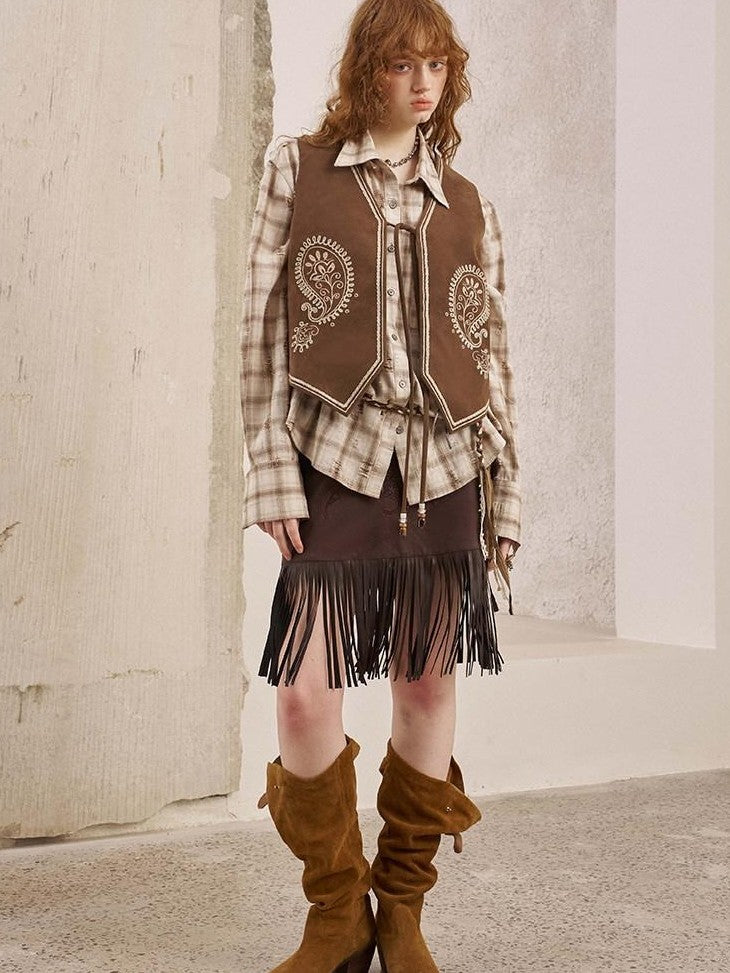 DIDDI MODA Brown Patch Embroidered Tassel Straight Mid Waist Women&