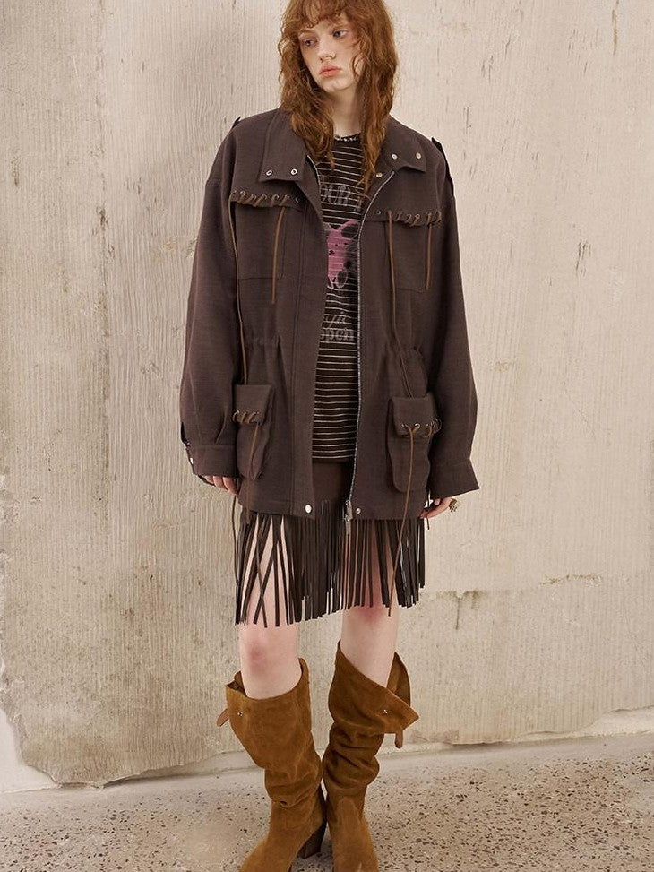 DIDDI MODA Brown Patch Embroidered Tassel Straight Mid Waist Women&