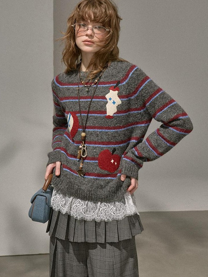 DIDDI MODA Cat Apple Fair Isle Letter Pattern Loose Fit Women&