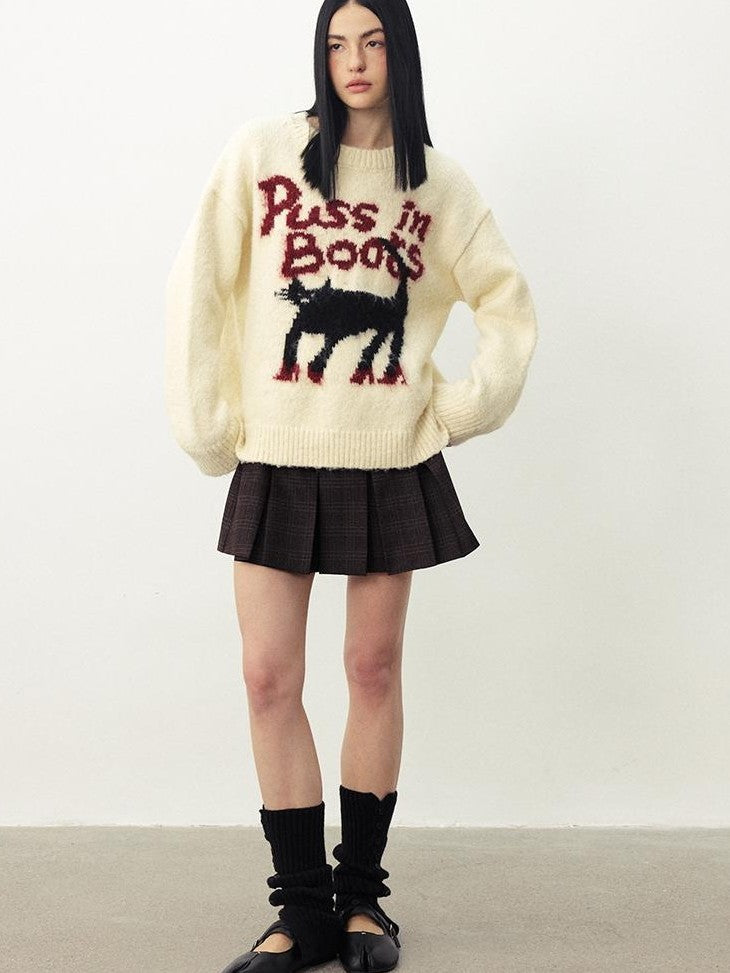 DIDDI MODA Cat Fun Jacquard Crew Neck Women&
