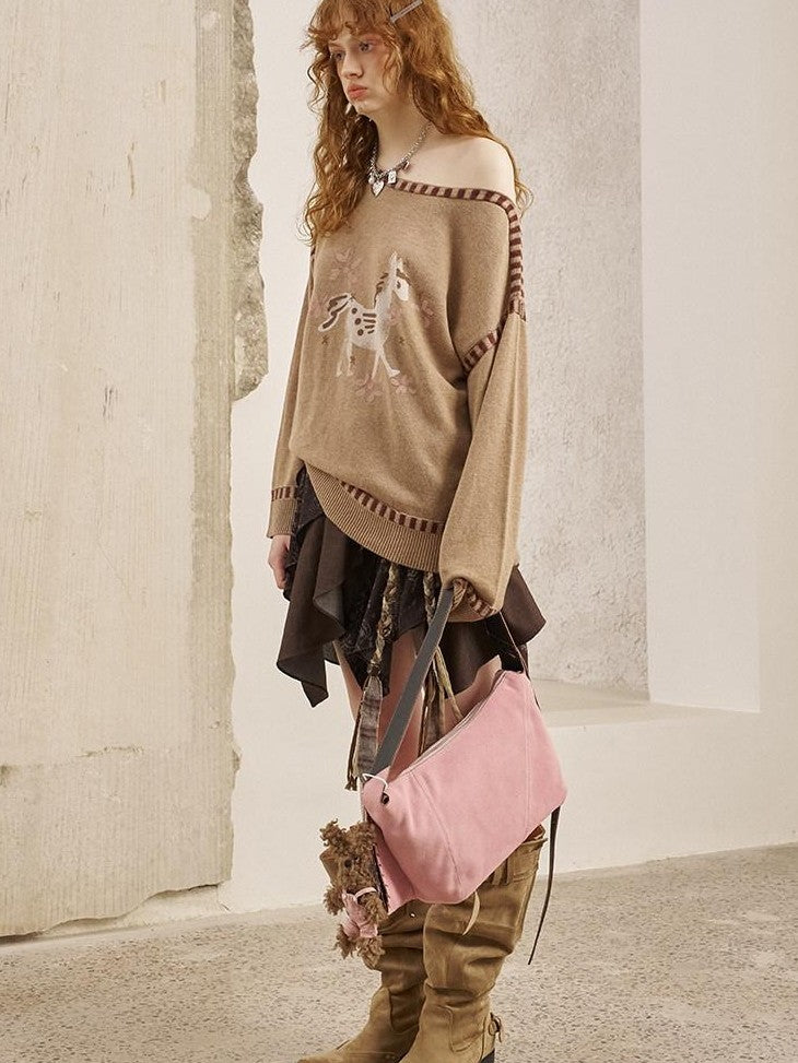 DIDDI MODA Chestnut Knit Jacket And Khaki Skirt Women&