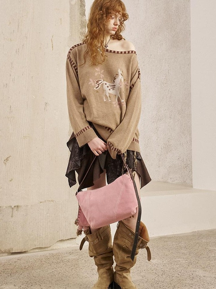DIDDI MODA Chestnut Knit Jacket And Khaki Skirt Women&