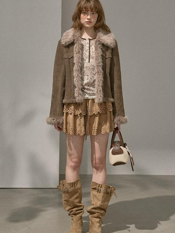 DIDDI MODA Chestnut Knit Jacket And Khaki Skirt Women&