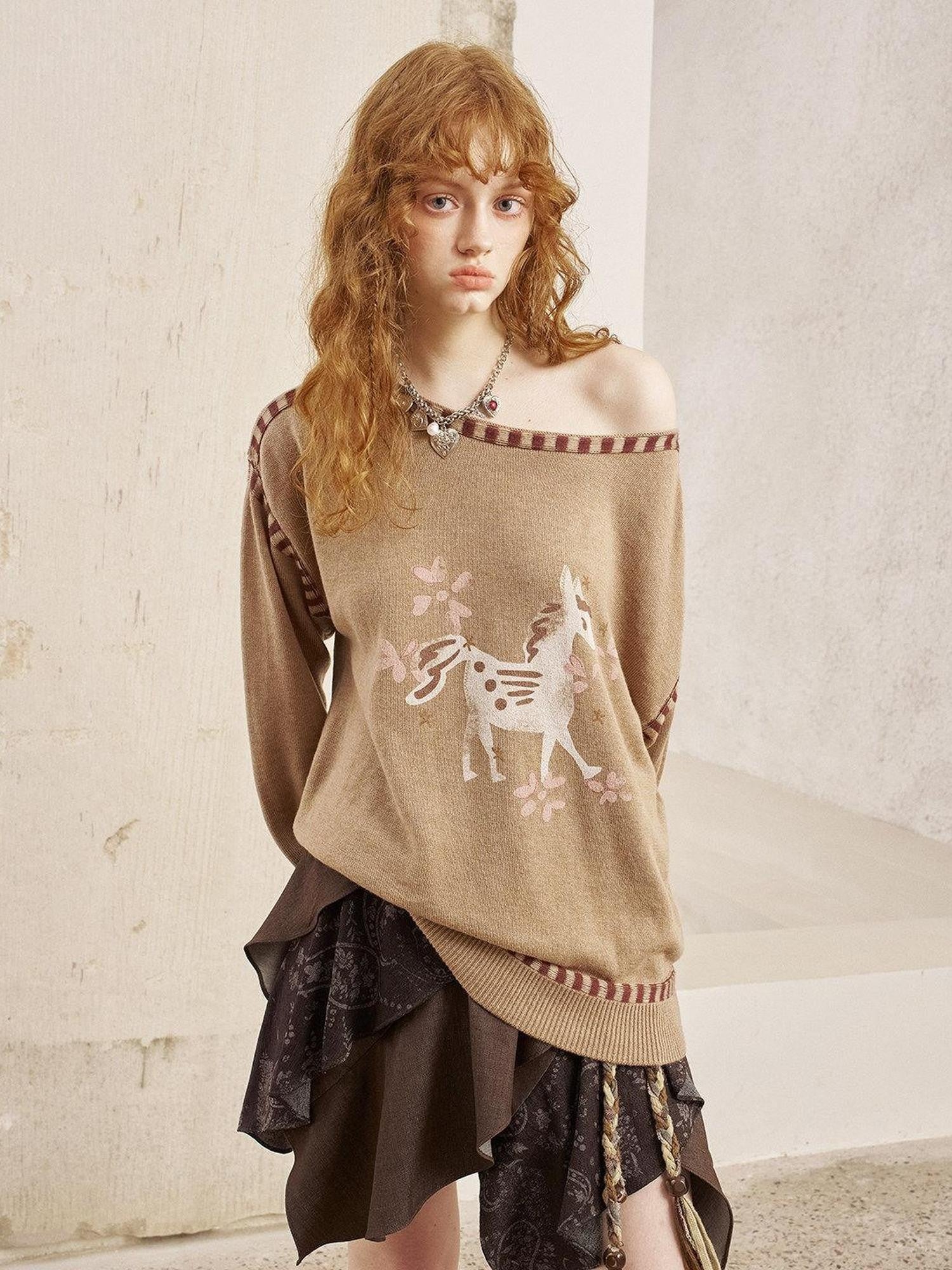 DIDDI MODA Chestnut Knit Jacket And Khaki Skirt Women&
