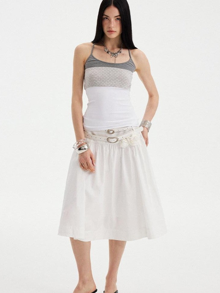 DIDDI MODA Cloud White 3d Floral Wide Waistband Puff A Line Women&