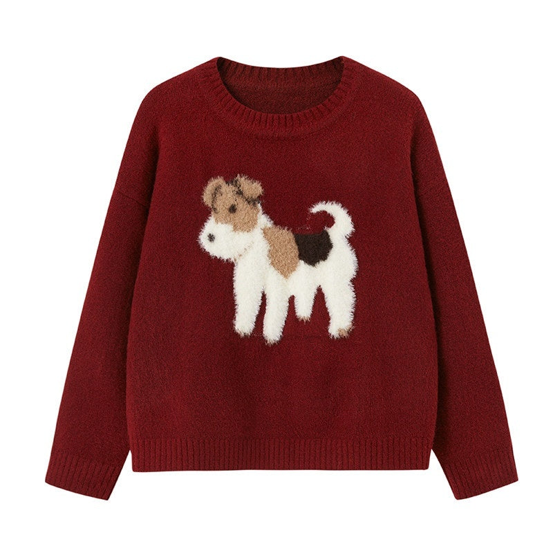 DIDDI_MODA_Cloudlike_Plush_Dog_Jacquard_Round_Neck_Pullover_Women&