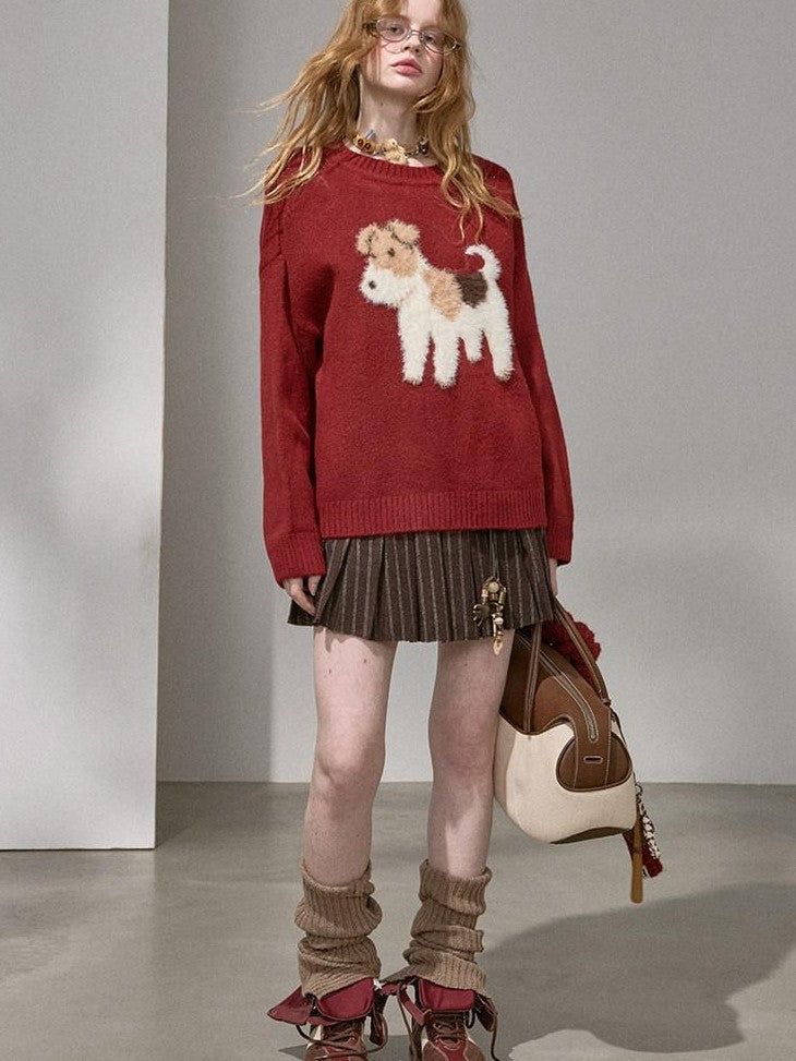 DIDDI MODA Cloudlike Plush Dog Jacquard Round Neck Pullover Women&
