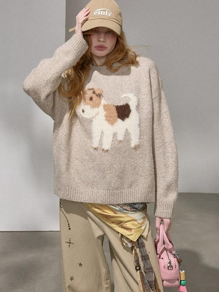 DIDDI MODA Cloudlike Plush Dog Jacquard Round Neck Pullover Women&