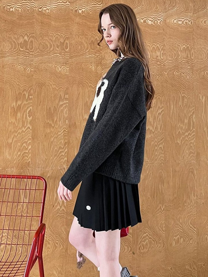DIDDI MODA Cloudlike Plush Dog Jacquard Round Neck Pullover Women&