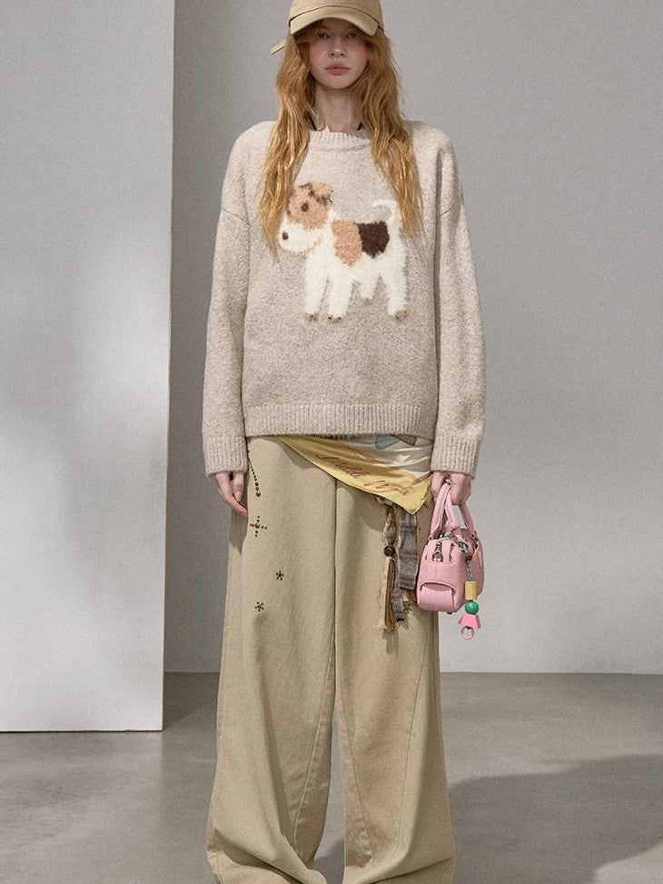 DIDDI MODA Cloudlike Plush Dog Jacquard Round Neck Pullover Women&