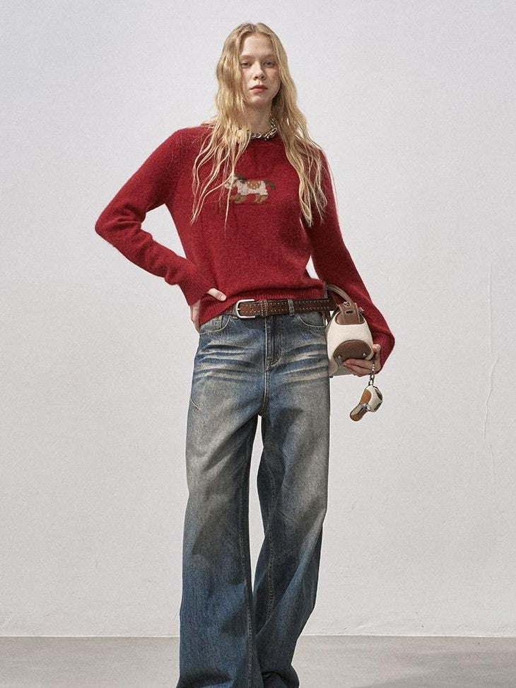DIDDI MODA Cocoa Red Booted Pony Knit Loose Fit Women&