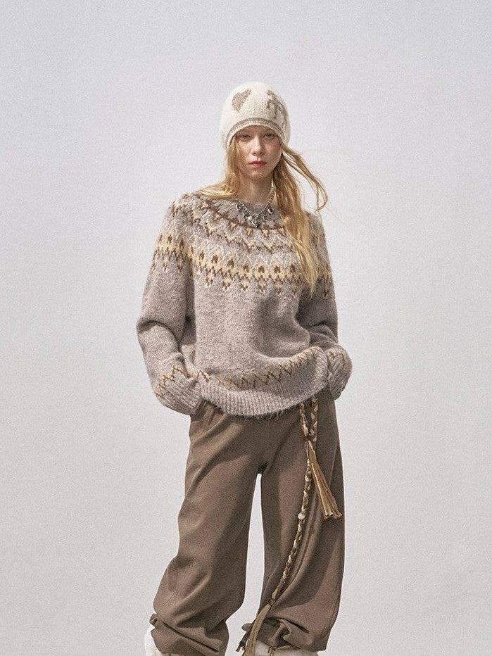 DIDDI MODA Cocoa Red Fair Isle Jacquard Hooded Women&