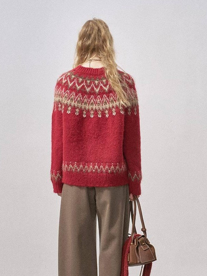 DIDDI MODA Cocoa Red Fair Isle Jacquard Hooded Women&