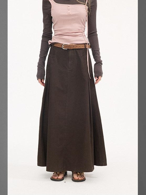 DIDDI MODA Coffee Brown Accordion Pleat Pocket Flared Mid Waist Women&