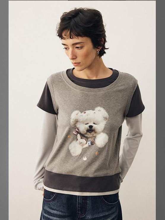 DIDDI MODA Color Block Dog Print Loose Crewneck Women&