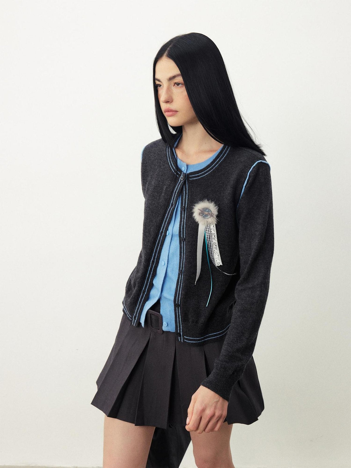 DIDDI MODA Color Block Faux Layered Round Neck Long Sleeve Women&