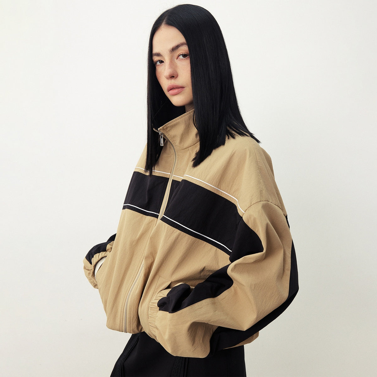 DIDDI_MODA_Color_Block_Stand_Collar_Drop_Shoulder_Women&