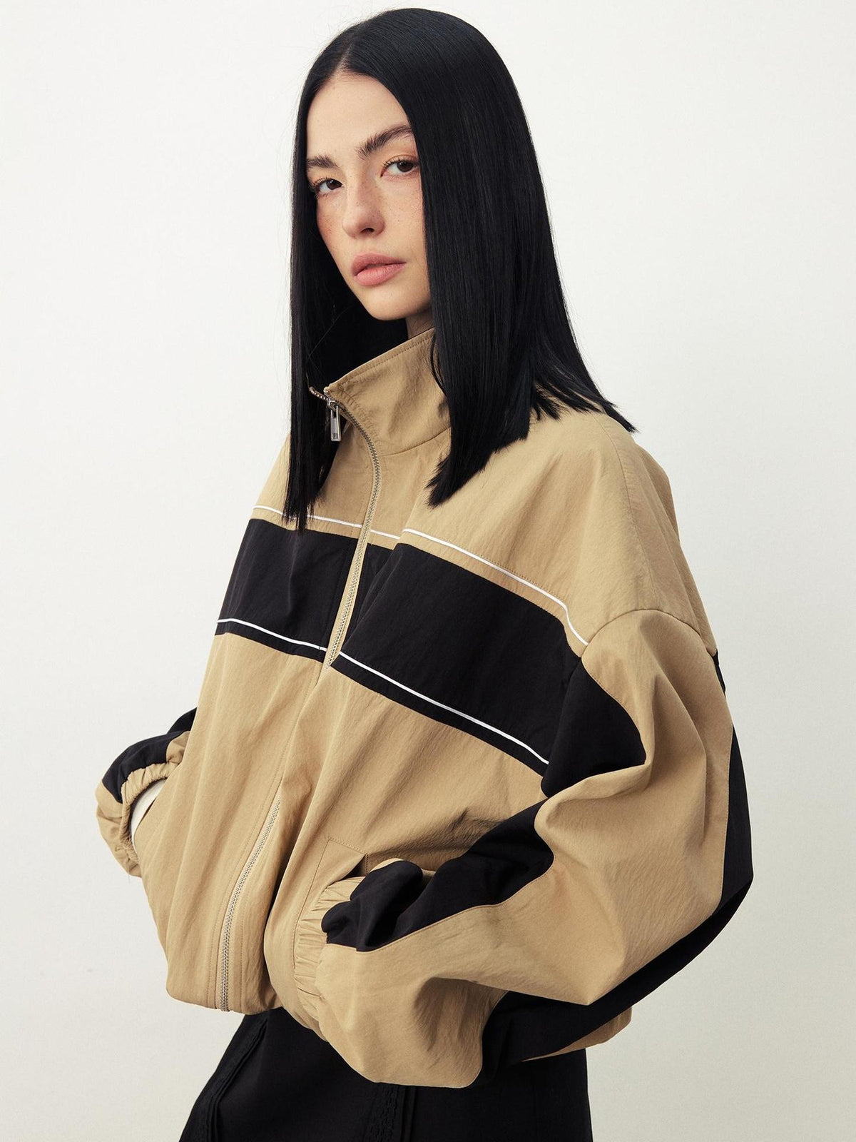 DIDDI MODA Color Block Stand Collar Drop Shoulder Women&