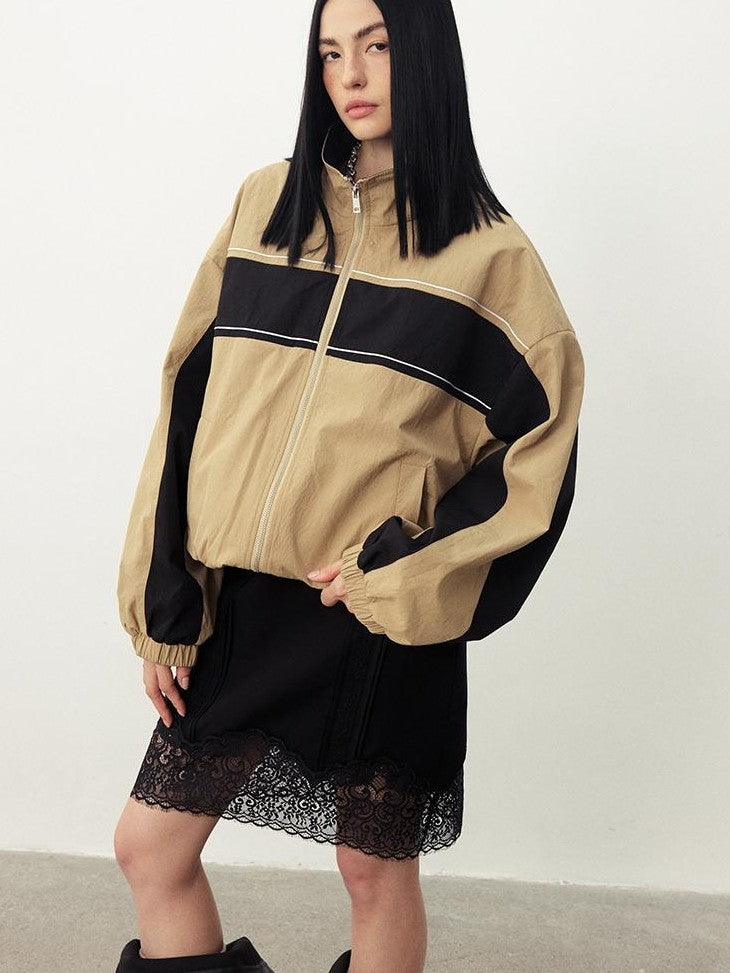 DIDDI MODA Color Block Stand Collar Drop Shoulder Women&