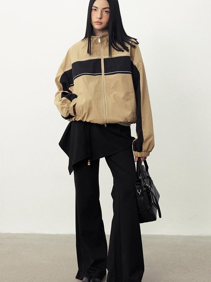 DIDDI MODA Color Block Stand Collar Drop Shoulder Women&