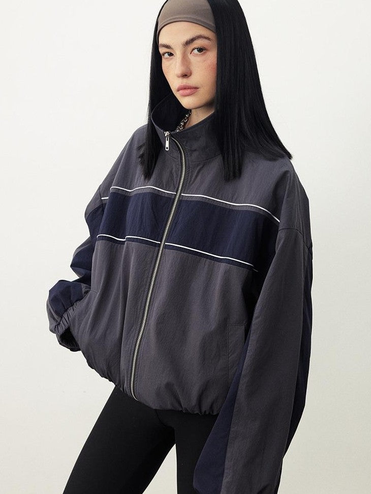 DIDDI MODA Color Block Stand Collar Drop Shoulder Women&