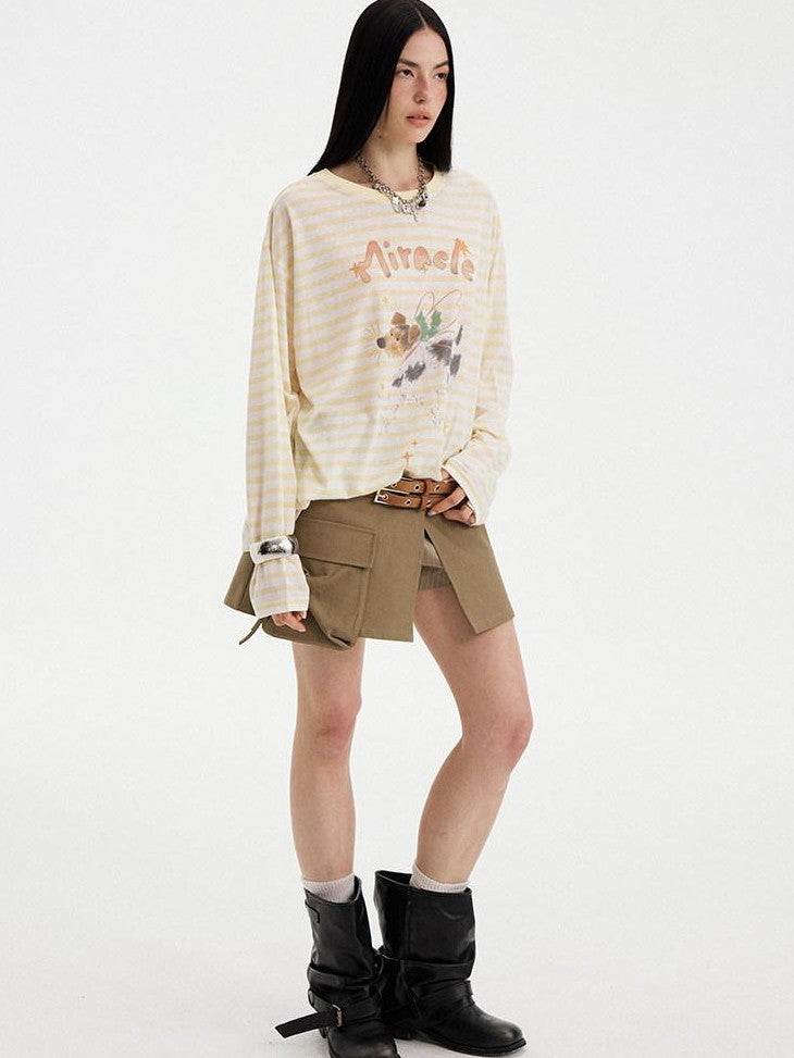 DIDDI MODA Colorful Striped Letter Puppy Print Round Neck Women&