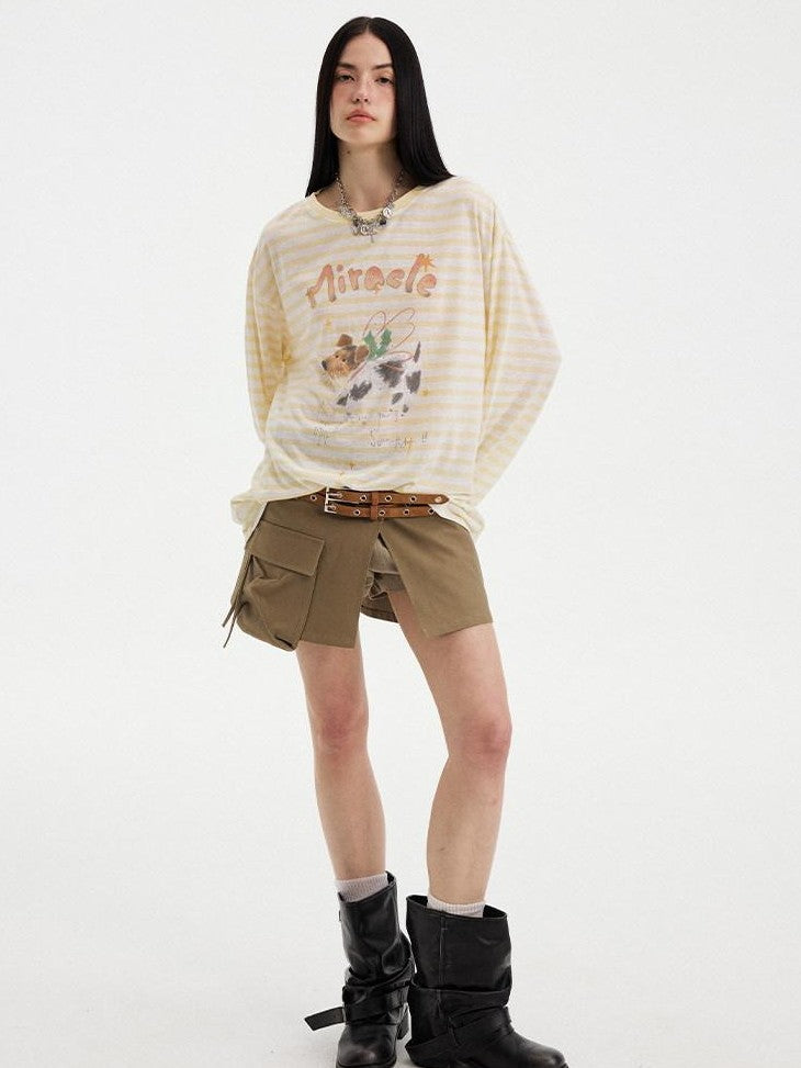 DIDDI MODA Colorful Striped Letter Puppy Print Round Neck Women&