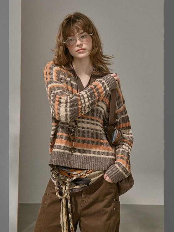 DIDDI MODA Contrast Striped Cable Knit V-neck Loose Pullover Women&