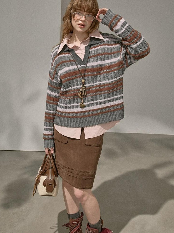 DIDDI MODA Contrast Striped Cable Knit V-neck Loose Pullover Women&