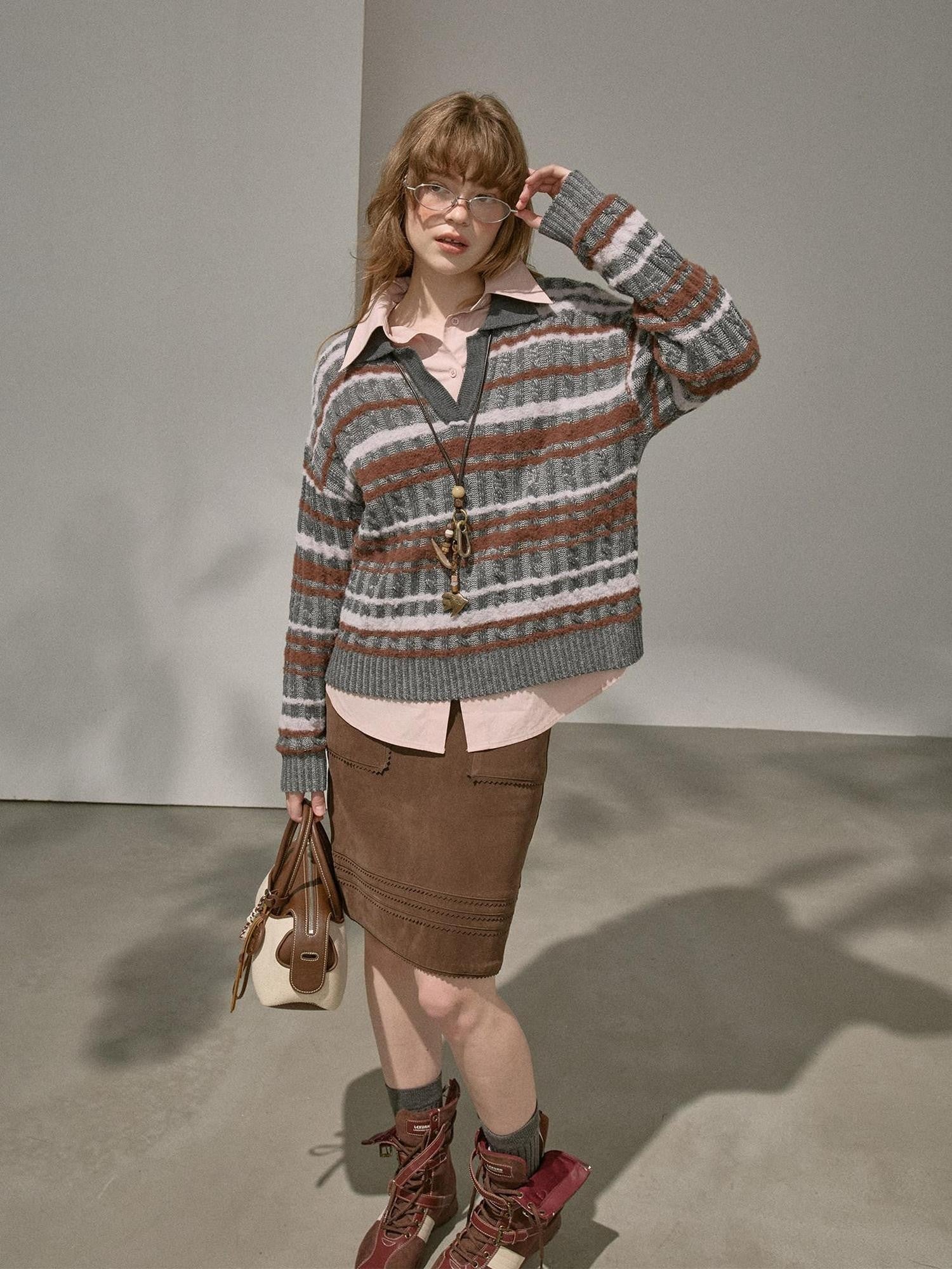 DIDDI MODA Contrast Striped Cable Knit V-neck Loose Pullover Women&