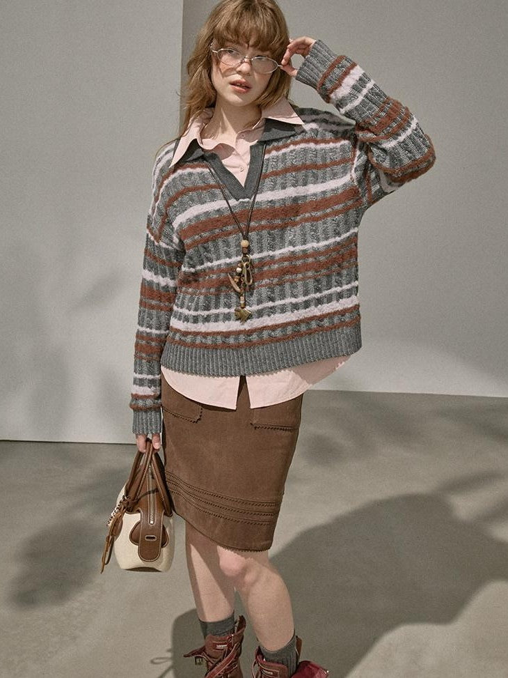 DIDDI MODA Contrast Striped Cable Knit V-neck Loose Pullover Women&