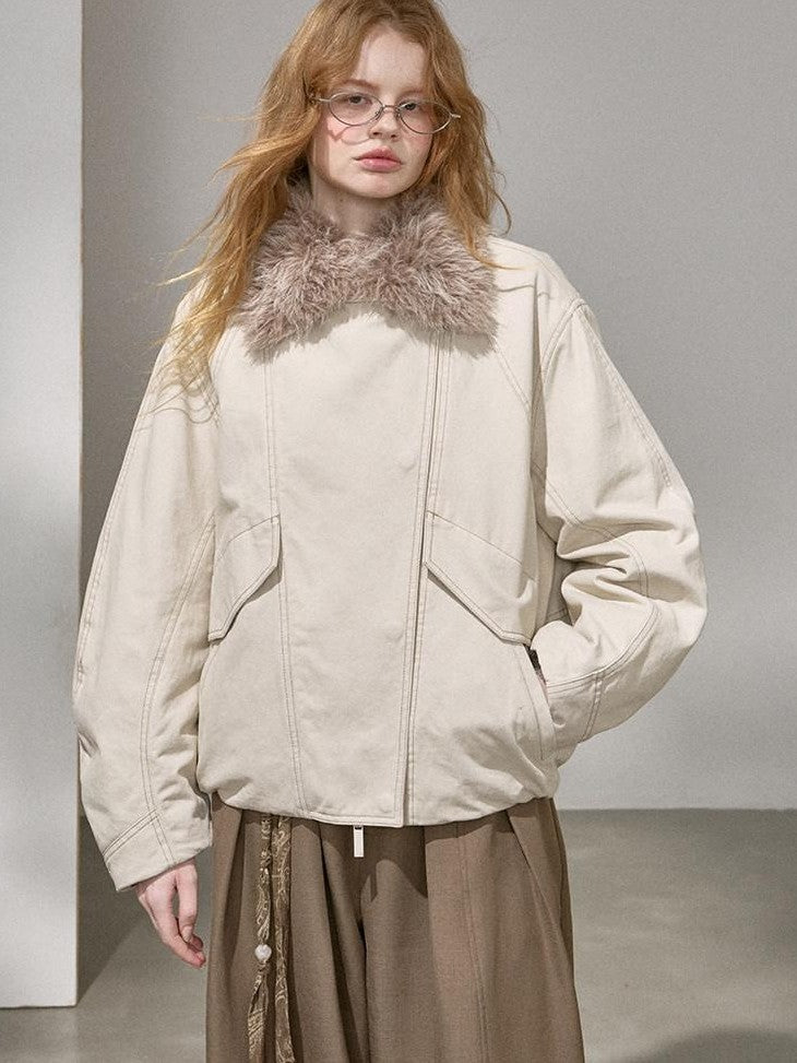 DIDDI MODA Cropped Arc Sleeve Washed Fur Collar Women&