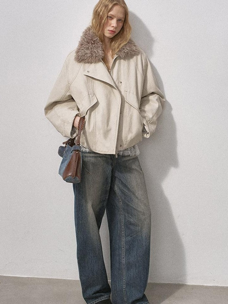 DIDDI MODA Cropped Arc Sleeve Washed Fur Collar Women&