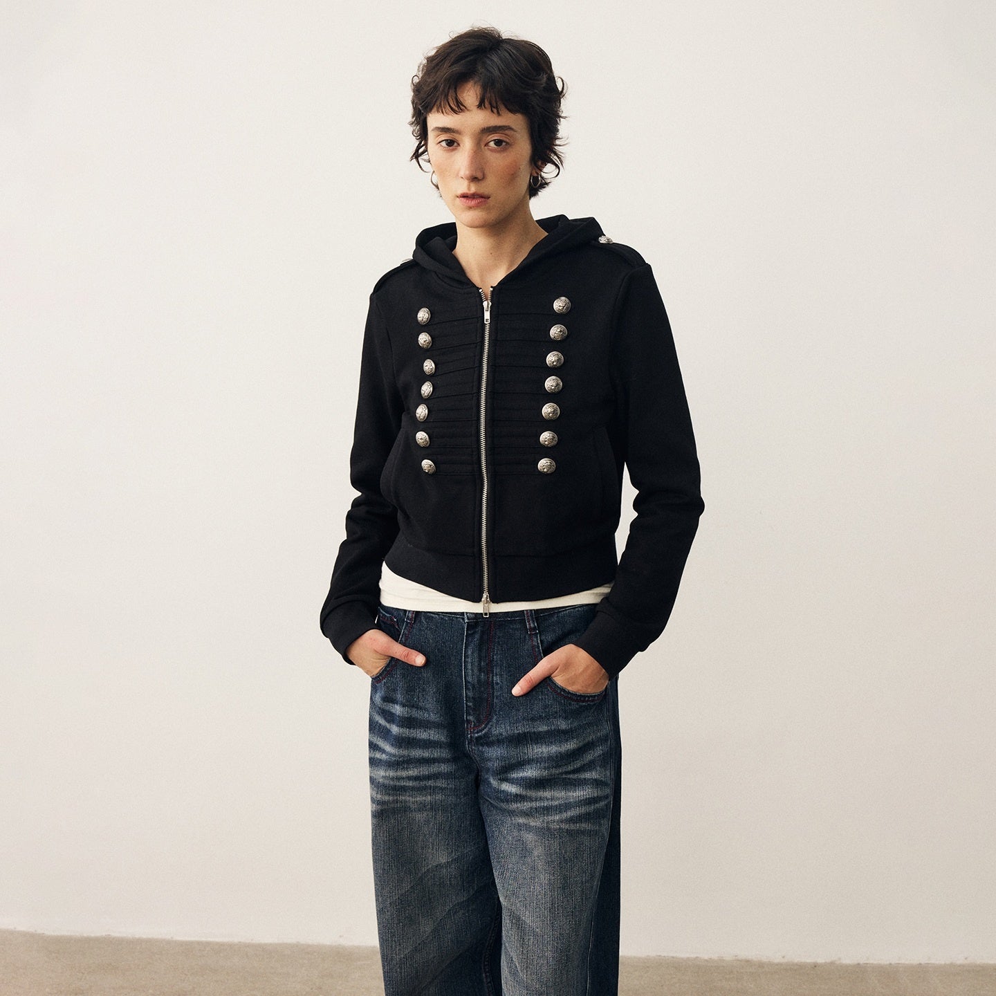 DIDDI_MODA_Cropped_Napoleon_Double_Row_Metal_Buttons_Two_Way_Zipper_Women&