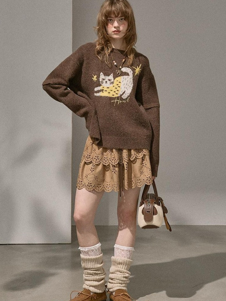 DIDDI MODA Cute Embroidered Cat Round Neck Loose Knitted Women&
