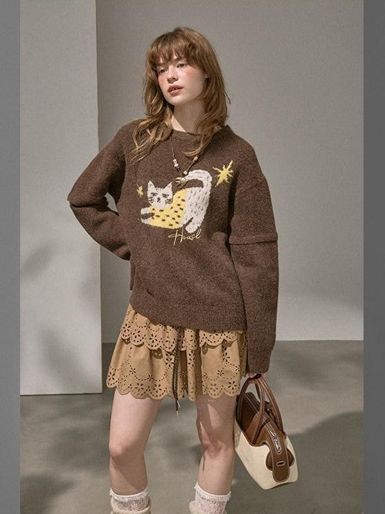 DIDDI MODA Cute Embroidered Cat Round Neck Loose Knitted Women&