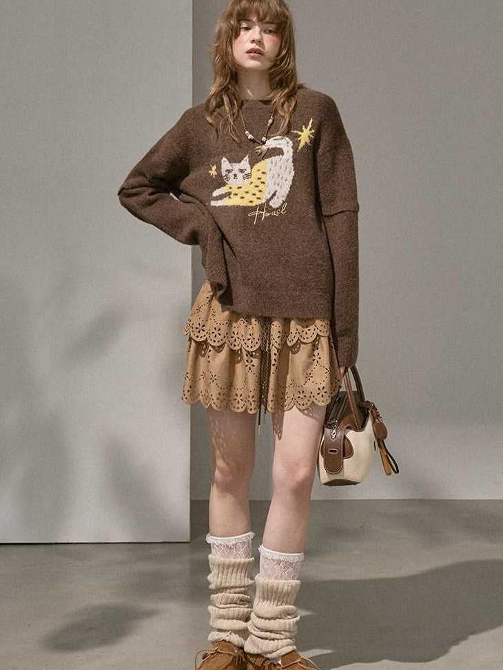 DIDDI MODA Cute Embroidered Cat Round Neck Loose Knitted Women&